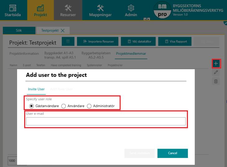 3.7 Lägg till ny användare i specifika projekt Du som systemadministratör kan bjuda in en användare till specifika projekt om ni har licenstyp BM Pro Business eller BM Pro Team.