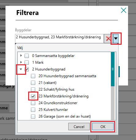 markförstärkning/dränering, klickar du först på rullgardinen till