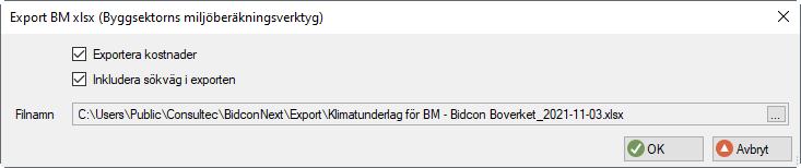 6.2 Bidcon För att exportera en fil från Bidcon som går att importera till BM måste du välja att exportera till ett xlsx-format alternativt ett XML-format enligt sbxml.