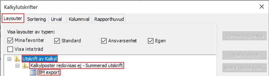 6.5 SPIK Från SPIK går det att exportera underlag till en fil i Excelformat (.xls) som går att importera till BM. Detta görs genom att under Kalkylutskrifter välja: 1.