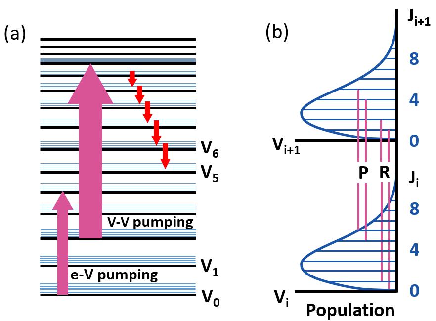 9 Fig. 2.3. (a) The vibrational/rotational energy level diagram of a CO molecule and (b) demonstration of the partial inversion between two vibrational transitions of the same total population.
