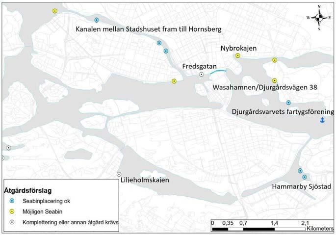 Sida 5 (9) Figur 2. Föreslagna områden i Stockholm city där Sweco har bedömt att någon typ av åtgärd bör vidtas. Farsta allmänna bad tillkommer, där möjligheter att placera ut en Seabin bedöms god.