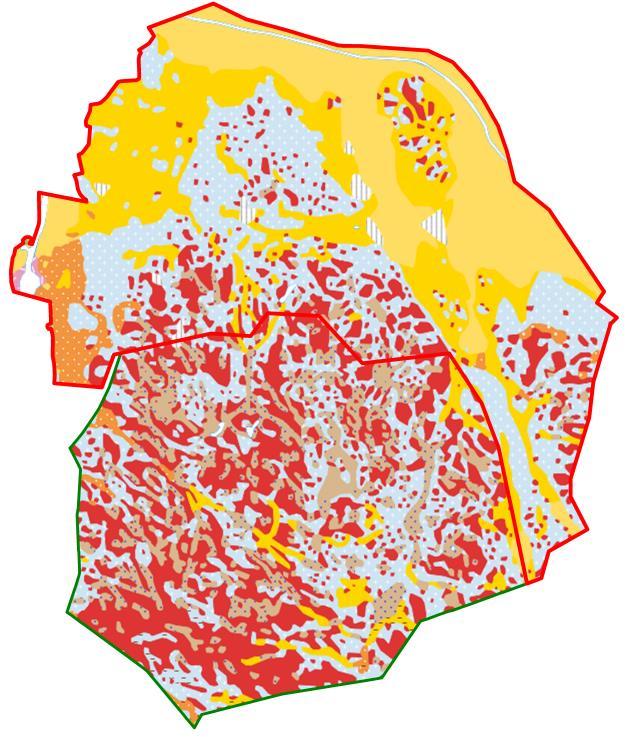 I den södra delen återfinns bergsplatån med urberg med sandig morän och kärrtorv.