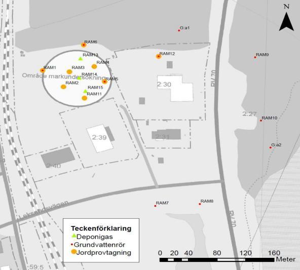 Figur 7. Provtagningspunkter från den miljötekniska markundersökning som Ramböll genomfört i Limsjöänget under 2015.