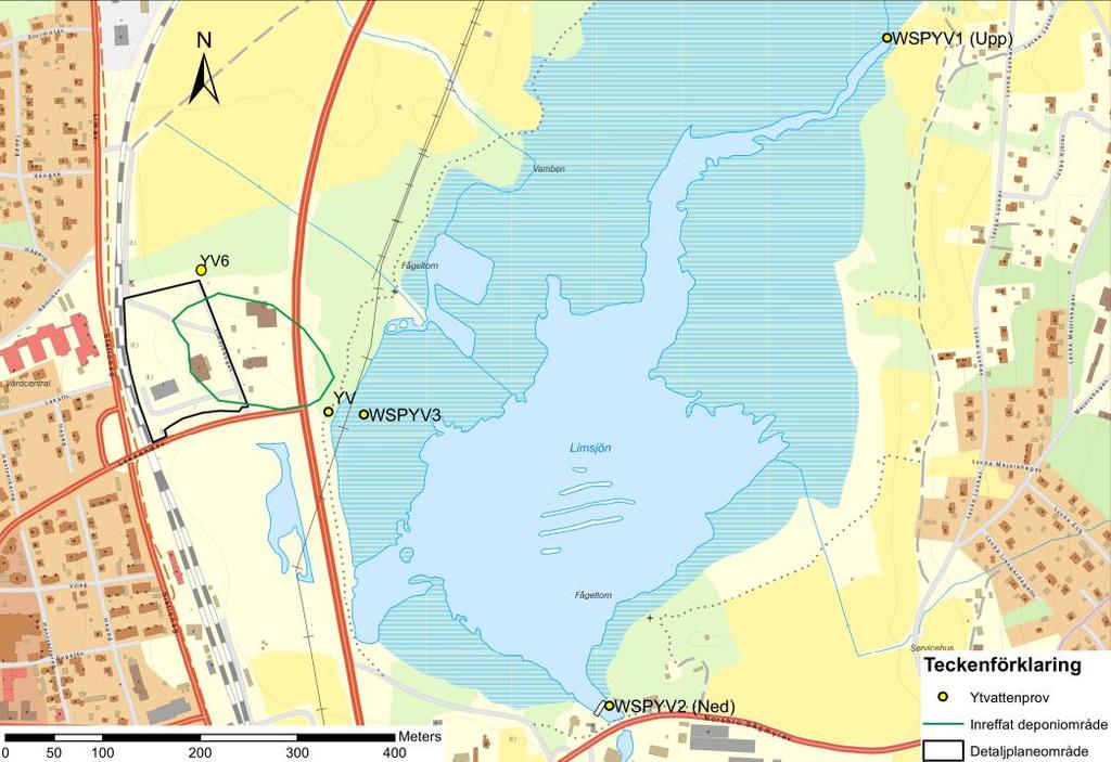 Limsjön och i Limsjön i anslutning till deponiområdet (YV3). Samtliga provtagningspunkters lägen visas i Figur 10. Figur 10. Provtagningspunkter för ytvatten.