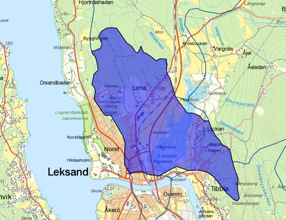 Figur 4. Kartbild med delavrinningsområde till utloppet av Limsjön utmarkerat. 4.3 RECIPIENTER Recipienten för planområdet är Limsjön och därefter Österdalälven.