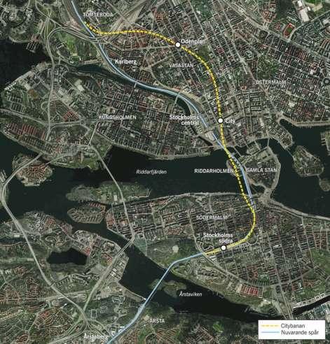 Fig. 1. Citybanans sträckning under Stockholms innerstad Bakgrund Varför Citybanan? Spårkapaciteten genom centrala Stockholm är idag maximalt utnyttjad och ytterligare behov finns.