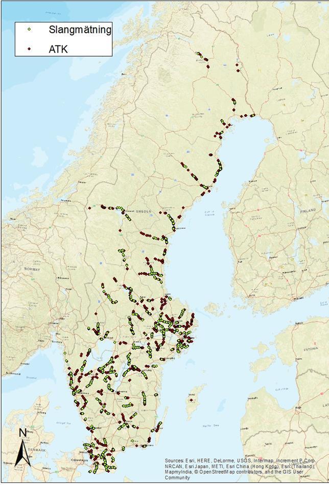 Figur 2. Karta över stickprovsmätningar (gröna punkter) och ATK (röda punkter) i Sverige t.o.m. 2017. Källa: Sverigekarta: Esri, OpenStreetMap contributors and the GIS User Community.