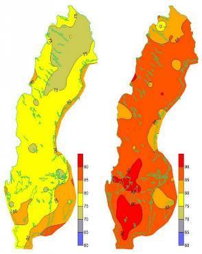 Figur 1.4 Årsmedelvärden för atmosfärens relativa fuktighet (%) i Sverige sommar (vänster) och vinter (mitten) för åren 1961 2001. Till höger årsnederbörden i Sverige 2015. Källa SMHI.