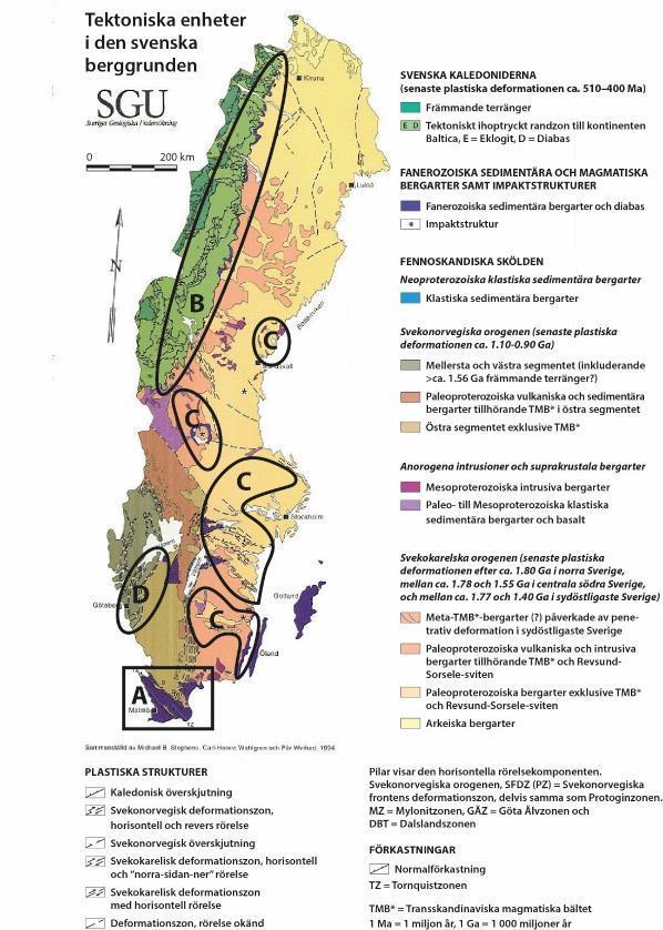 Figur 1.11 Karta som visar typområden med alkalireaktiva bergarter i Sverige (Lindgård et al., 2017), med geologiskt kartunderlag från SGU (Stephens et al., 1994).
