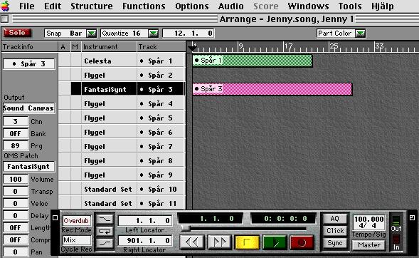 Metod Figur 4.1 Arrangefönstret i Cubase Score. Spår 1 - Spår 9 har initialt midikanalerna 1-9 inställda med instrumentljudet Flygel (1).