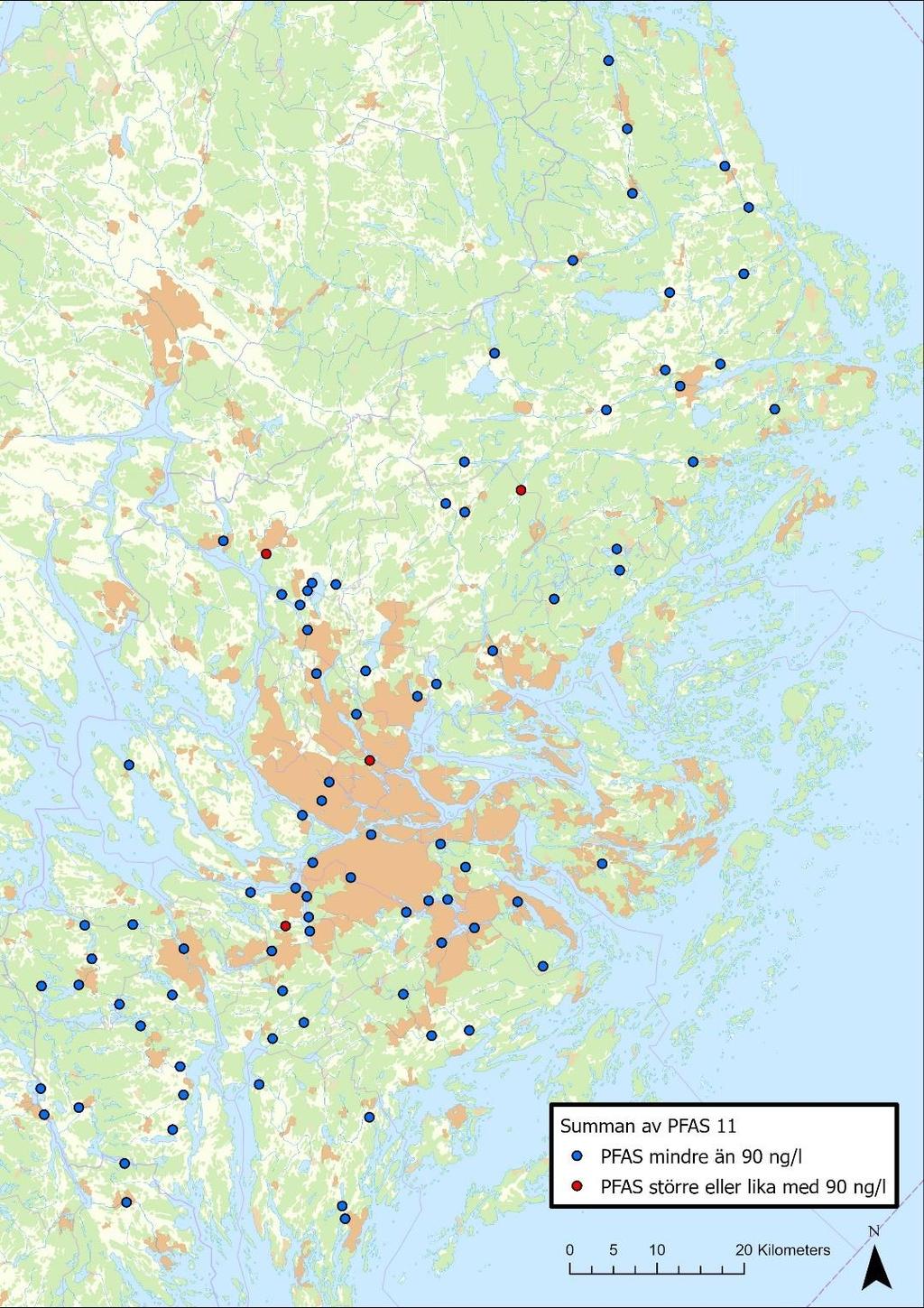 Denna inventering är ett första led i detta arbete. För de platser som det inte råder klarhet över källorna till PFAS föroreningar kommer ytterligare vattenprover samlas in. Figur 12.