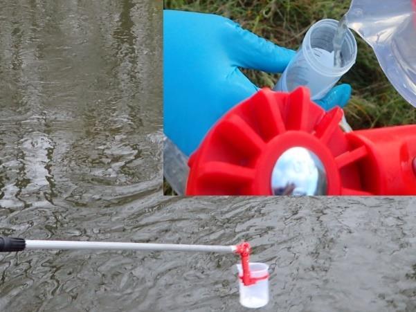 Vattenprov togs med en 1-liter polyeten (PE) plastbehållare fäst i en aluminium teleskopisk, utskjutbar stång, se bilden. Provkärl var 100 ml PE plastflaskor som erhölls av Eurofins.