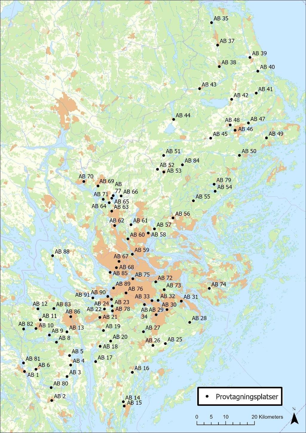 Figur 1. Kartan visar provtagningsplatser för ytvatten från sjöar och vattendrag (limniska miljöer) i och omkring Stockholms län med länsstyrelsens ID-nummer som används i denna undersökning.