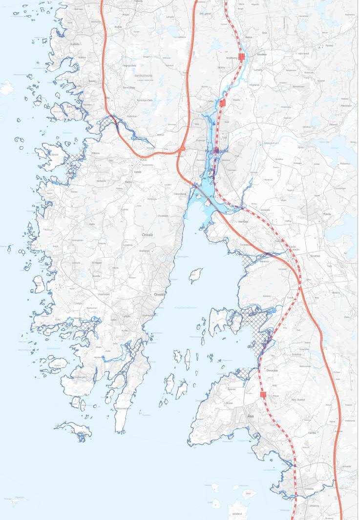 Figur 19. Utbredning av översvämning från havet och Kungsbackaån Vid översvämning från Kungsbackaån påverkas riksintressen för järnväg och väg.