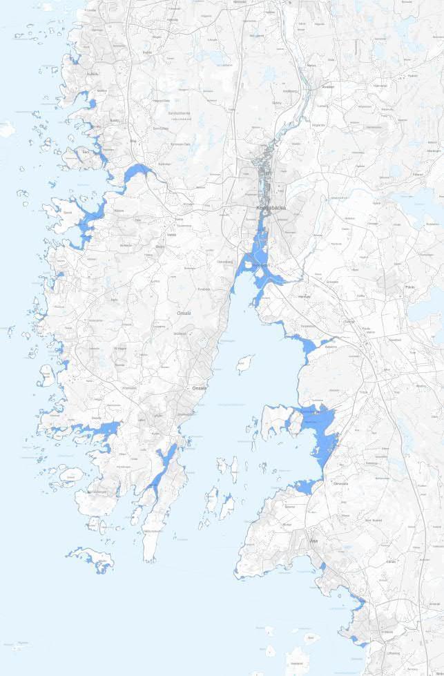 Kungsbackaåns och Rolfsåns utflöde i Kungsbackafjorden. Vid ett beräknat högsta flöde finns behov av att evakuera invånare i vissa områden.