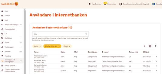 Ta bort användare För att en person inte längre ska ha tillgång till företagets internetbank behöver den tas bort som användare av dig som är behörighetsadministratör.