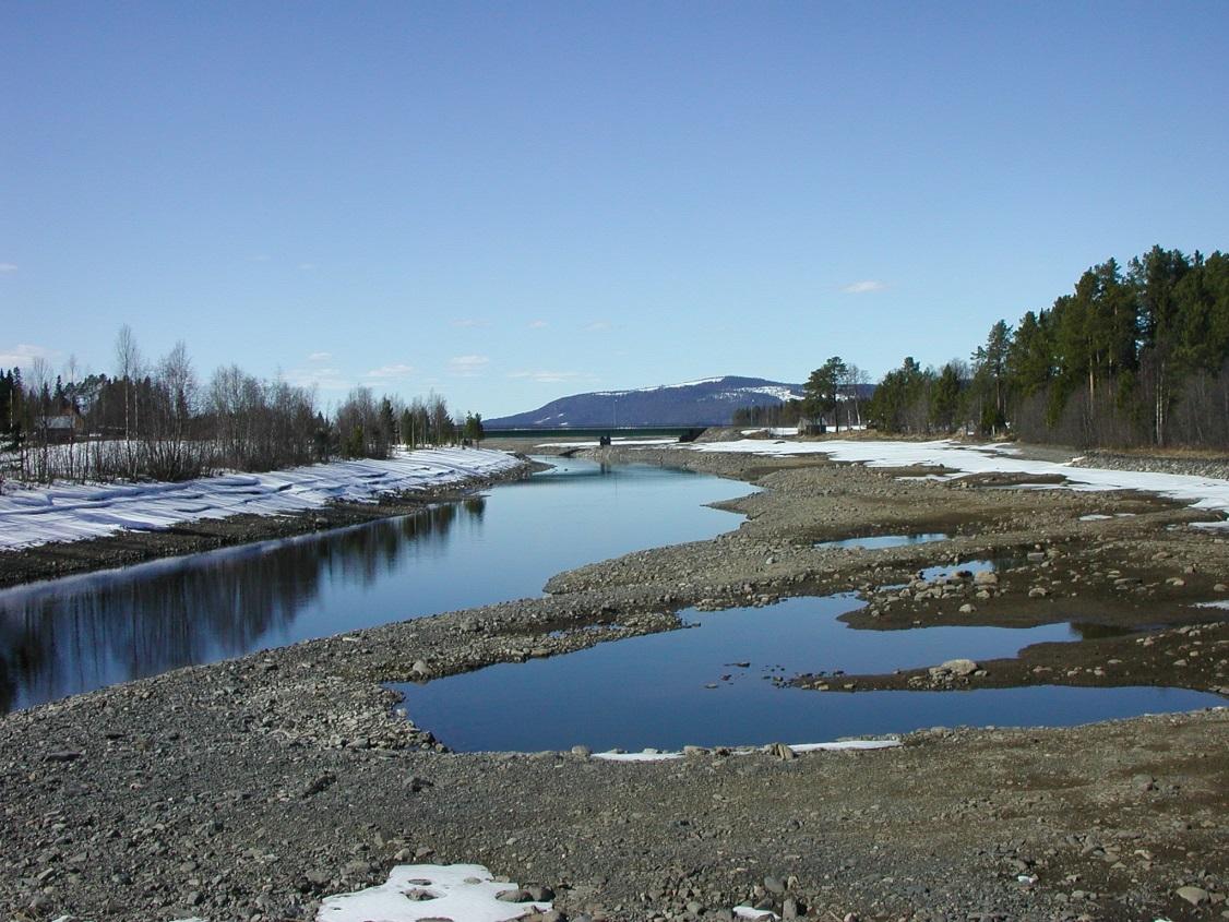 Figur 38. Isen smälter av från stränderna i utloppet av den reglerade Landösjön (Långan, Indalsälven) under våren. Foto: Ingemar Näslund.