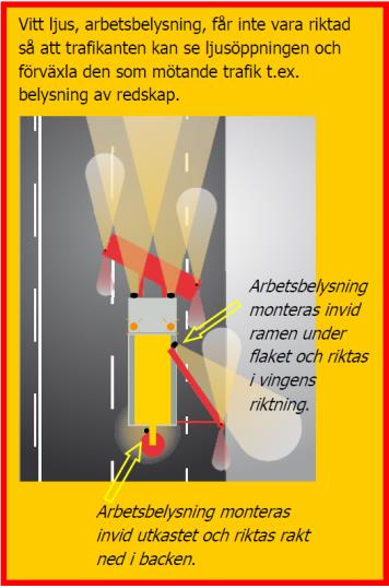 9.3.5 Arbetsbelysning Arbetsbelysning med vitt ljus får inte vara riktat bakåt på sådant sätt att trafikanter kan uppfatta att det framförvarande fordonet kommer emot dem.
