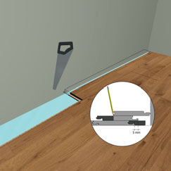 LÄGGNINGSANVISNINGAR FÖR KÄHRS TRÄGOLV 14 12. När tre rader lagts kan golvets avstånd till väggarna justeras. Sätt kilar mellan golv och vägg. 12 13 13. Sista brädan sågas till rätt bredd.