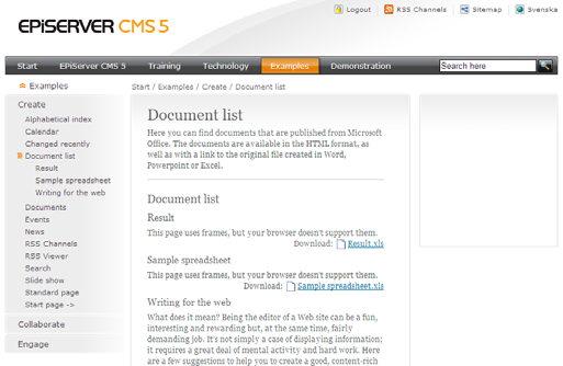 30 Arbeta med mallar i EPiServer CMS 5 R2 - Rev A Sidan Dokumentlista utgör huvudsidan för dokumentlistningen.