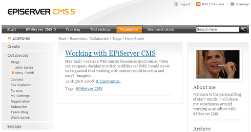 38 Arbeta med mallar i EPiServer CMS 5 R2 - Rev A Så här skapar du en personlig blogg: 1. Markera huvudsidan för bloggar och skapa en ny sida. Sidmallen Start personlig blogg kommer att öppnas. 2.