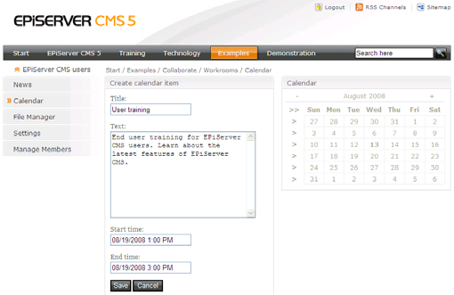 44 Arbeta med mallar i EPiServer CMS 5 R2 - Rev A Filhantering Filer hanteras genom att välja Filhantering i arbetsrummets navigering.