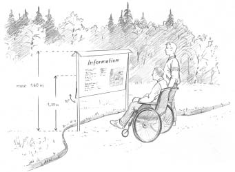 4.3. Informationstavlor och vägvisare På strategiska platser, som vid entréer och parkeringsplatser, ska det finnas informationstavlor som visar hur man hittar inom området.