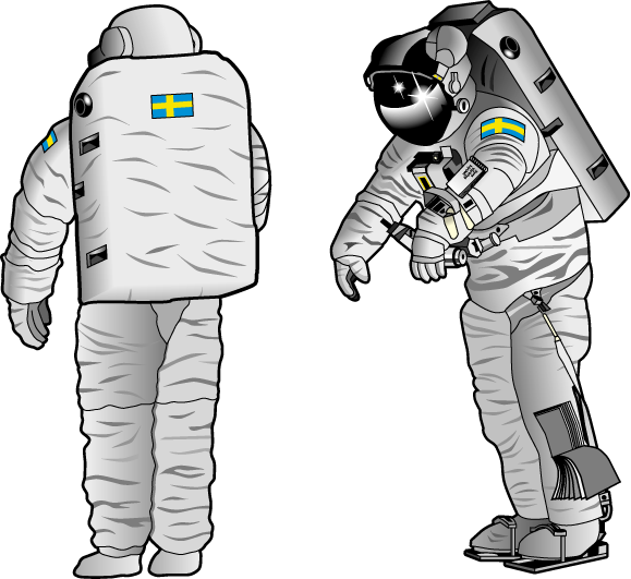 Dräkt för rymdpromenad Ryggsäck som innehåller syre, varningssystem, batteri, vattenkylningssystem, ventilationsfläkt, radiokommunikation och behållare för dryck.