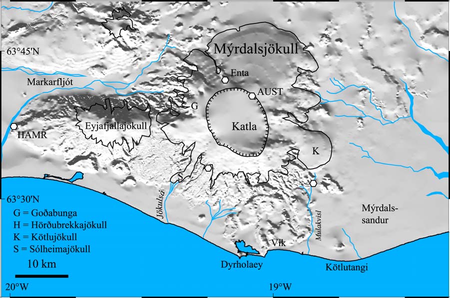 Katla Katla ligger på södra Island precis i anslutnig till den östra vulkanzonen och är helt täckt av Mýrdalsjökull (Fig. 54). Katla har en kaldera med ca. 12 km diameter.