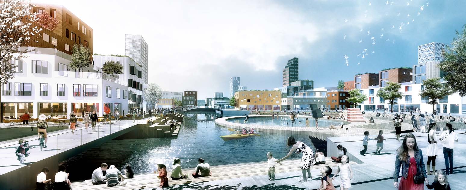 Schönherr landscape och arkitektkontoret ADEPT:s visionsbild från H+-manualen (2010) för det framtida bostadsområdet Oceanhamnen.