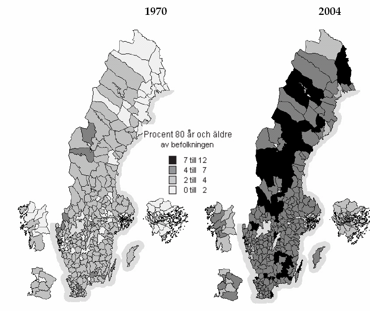Stiftelsen Stockholms läns Äldrecentrum 4 Rapport 2006:9 Figur 2. Andel 80 år och äldre 1970 och 2004 i Sveriges kommuner (%). Källa: Alm Stenflo 2006, sid. 17 (4).