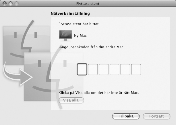 7 På den andra Mac-datorn anger du den sexsiffriga lösenkoden som visas i Inställningsassistenten på MacBook Air.