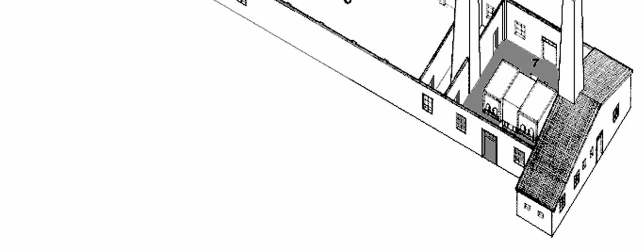 Mellan förrummet och ugnsrummet ligger ett stort likrum (6), som på vintern även användes till avklädningsrum. Mitten av ugnsrummet upptas av två ugnar med vardera fyra mufflar (7).