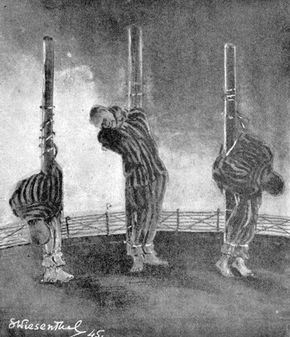 I sin bok KZ Mauthausen (Koncentrationslägret Mauthausen), som utgavs 1946, presenterar Simon Wiesenthal en teckning han själv gjort.
