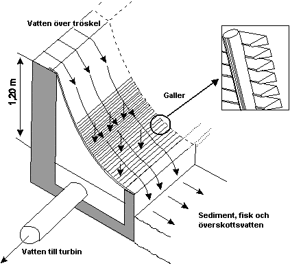 Små vattenkraftverk - En handbok ESHA 2004 placerats i dess väg. Effekten förstärks av de V-formade tvärgående järnen (Figur 7.12) som har en avskärande verkan längs gallrets yta. Figur7.
