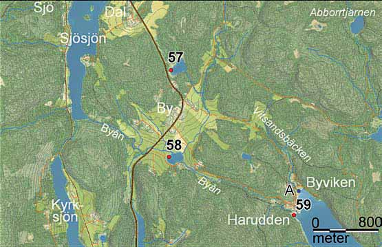 57 Dalstjärnen I denna lilla fågelsjö kan du se bland annat svarthakedopping (Podiceps auritus). 58 Bytjärnen Här rastar fåglar både i tjärnen och på fälten runt om.