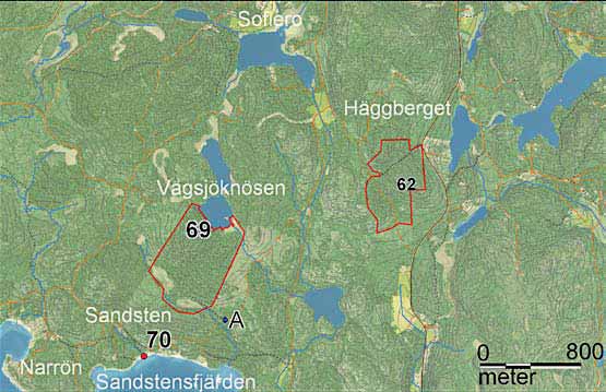 69 Vägsjöknösens naturreservat Naturreservatet består av berget Vägsjöknösen, bergets sydsluttning samt Sandstensmyrarna i södra delen.