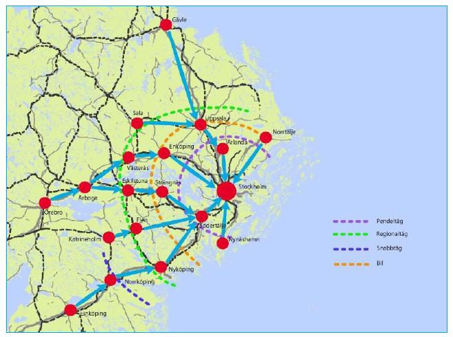 Figur 3.10 Pendlingsstråk till Stockholm med ungefärliga gränser för en timmes resa med olika trafikslag: Källa: (Vectura, 2011b) I Figur 3.