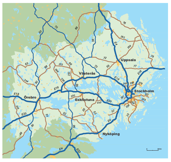 Figur 3.11 De viktigaste regionala vägstråken i Stockholmsområdet.