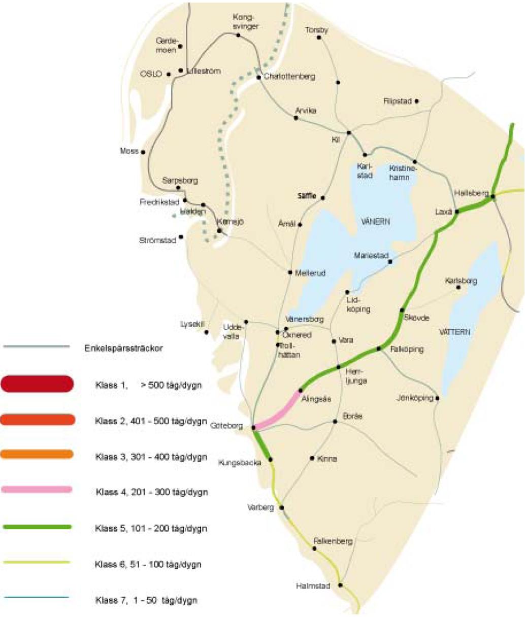 Figur 3.24 Trafikering på dubbelspår i Västsverige våren 2011, antal tåg/dygn Källa: (Trafikverket, 2011) Utbud, antal resor och trafikarbete för regionen med omland 61 presenteras i Figur 3.