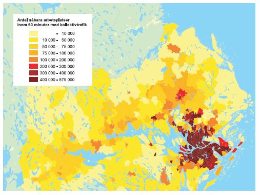 Figur 4.4 Kollektivtrafikens tillgänglighet mätt i antal arbetsplatser inom 1 timme.