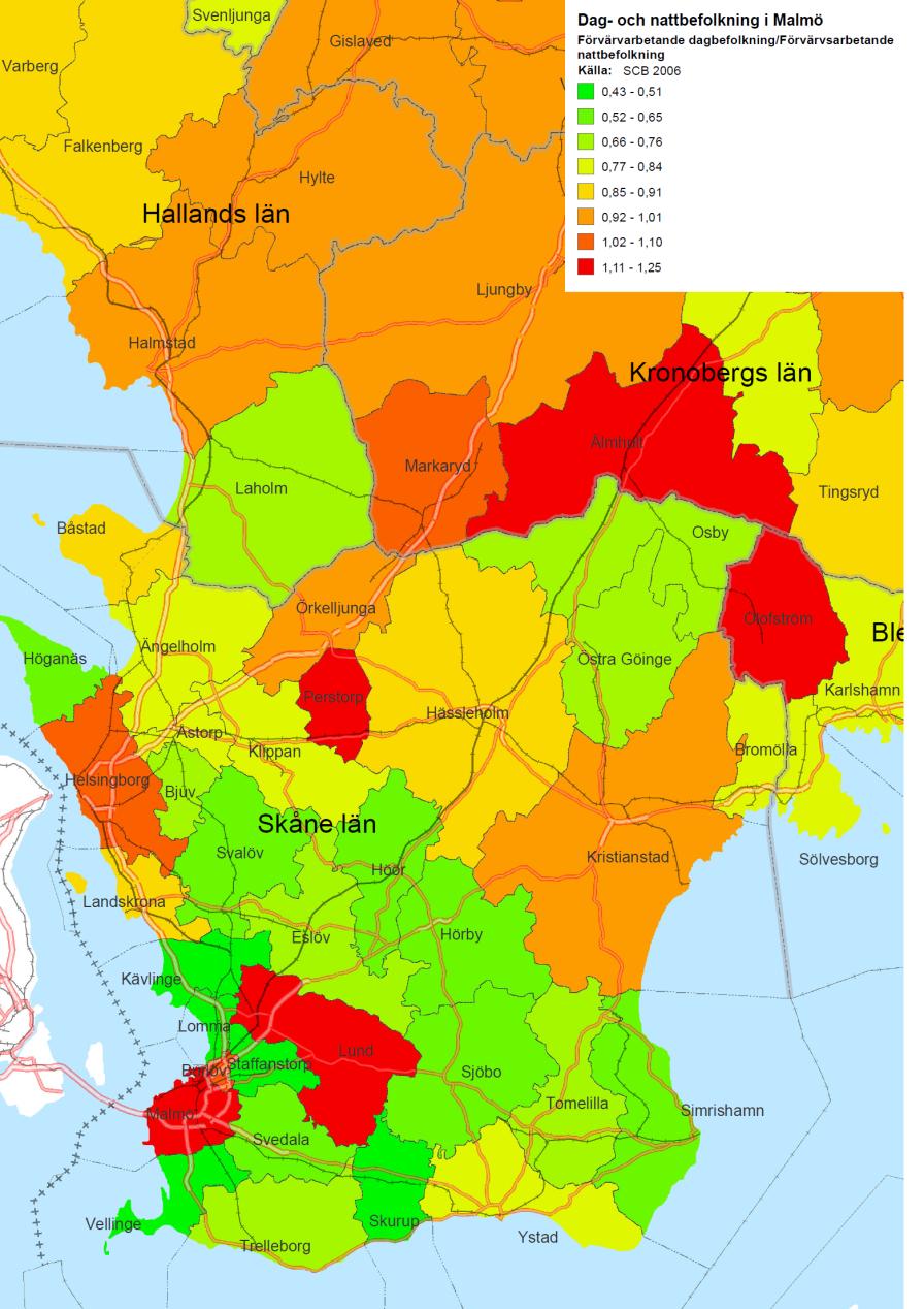 Figur 4.10 Förvärsvarbetande dagbefolkning/ förvärvsarbetande nattbefolkning, 2006. Källa: SCB De största skillnaderna (i antal) finns i Malmö och delvis Lund.