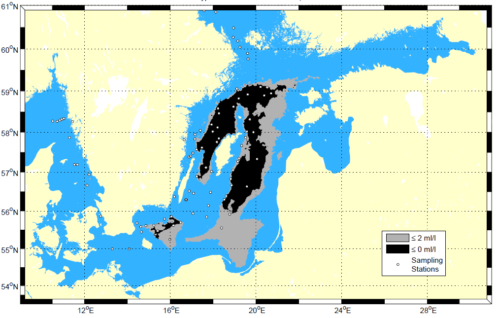 Figur 2. Utbredning av syrefria (svart färg) och syrefattiga (grå färg) bottnar i Egentliga Östersjön hösten 1960 (överst) och hösten 2009 (underst). Källa: SMHI.