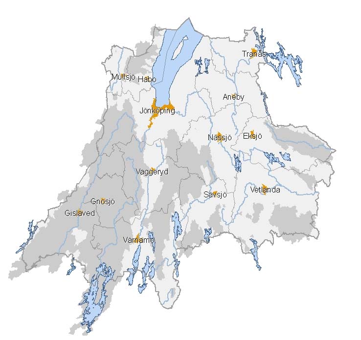 Försurning i Jönköpings län Jönköpings län. Mörkgråa områden är områden som är försurade och som kalkas.