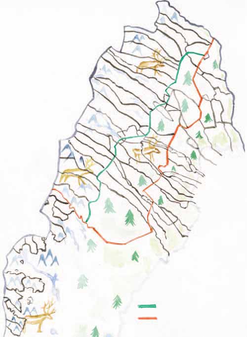 Laevas Vittangi Könkämä Lainiovuoma Saarivuoma Gabna Talma len i Jämtland. År 1990 stämdes fem samebyar av närmare sexhundra markägare, vars mark nyttjas av samebyarna, i Härjedalen.