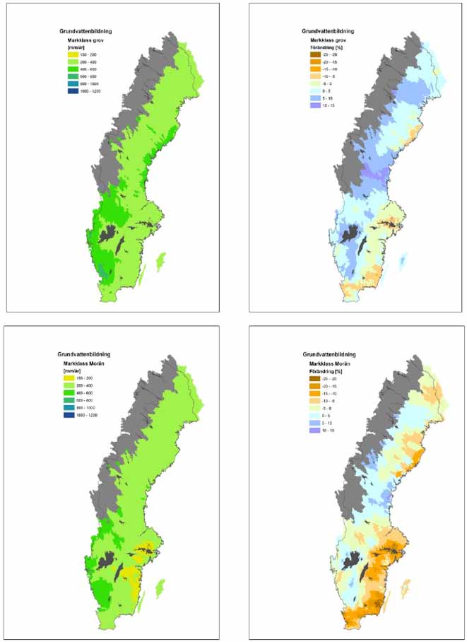 I beräkningarna över förändrad grundvattenbildning syns för Skåne län en minskning på mellan 5 25 % på årsbasis i moränjordar och en ökning på 5 % till en minskning på 10 % i grova jordar (SGU, 2009).