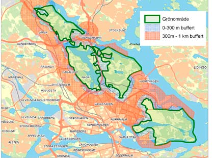 kens grönytor, 2) en 300 meter buffertzon utanför gränsen för grönytorna, samt 3) den del av kilometerzonen som ligger utanför den 300 meter breda buffertzonen.