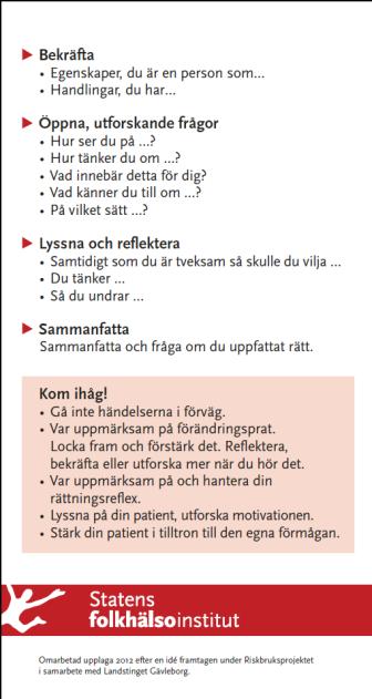 ambivalent Ej Beredd - Omedveten - Motstånd (söndertjatad) - Vill men kan ej Förändringshjulet Prochaska/Di Clemente Modellen bygger på att patienten går igenom vissa steg för att nå en förändring av