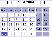 Kalendern i Nytt frånvarobesked. Du navigerar i kalendern med hjälp av pilarna vid sidan om månadens namn.